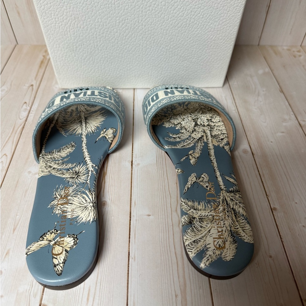 Christian Dior Canvas TDJ Palm Embroidered Dway Slide Sandals Blue Sz 35.5 / 5.5 - Picture 12 of 15